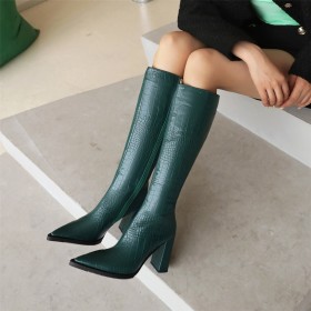 Going Out Footwear Embossed Faux Leather Casual Crocodile Printed 9 cm High Heels Chunky Heel Tall Boot Block Heel Knee High Boots