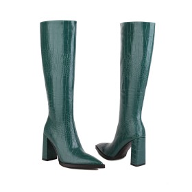 Going Out Footwear Embossed Faux Leather Casual Crocodile Printed 9 cm High Heels Chunky Heel Tall Boot Block Heel Knee High Boots