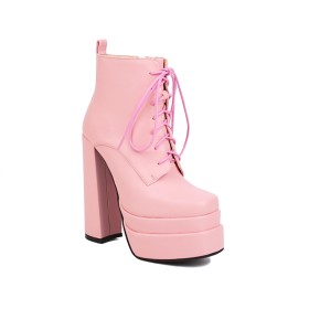 Vintage 6 inch High Heeled Classic Ankle Boots For Women Chunky Round Toe Platform Pink Fur Lined Block Heels Faux Leather