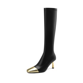 Square Toe Stiletto Heels Mid Heels Knee High Boot For Women Tall Boots Stylish Spring