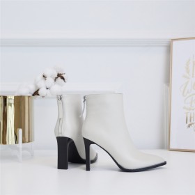 9 cm High Heeled Business Casual Thick Heel Booties Pointed Toe White Leather Fashion