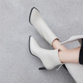 9 cm High Heeled Business Casual Thick Heel Booties Pointed Toe White Leather Fashion