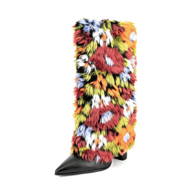 Stylish Knee High Boots Faux Fur 4 inch High Heel Thick Heel With Color Block Fluffy Tall Boot Block Heel
