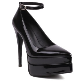 Dress Shoes Elegant Platform With Ankle Strap Belt Buckle Classic Faux Leather Stiletto 14 cm High Heels