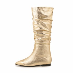 Natural Leather Slouch Gold Flats Sparkly Knee High Boots For Women Suede Metallic Tall Boots Formal Dress Shoes