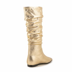 Natural Leather Slouch Gold Flats Sparkly Knee High Boots For Women Suede Metallic Tall Boots Formal Dress Shoes