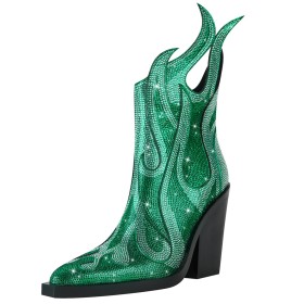 Block Heel Ankle Boots Fashion Green High Heels Sparkly Dress Shoes Elegant Going Out Shoes