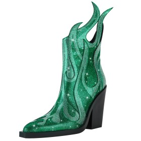 Tacco Largo Luccicante Cerimonia Verde Stivaletti Donna Con Strass Tacco Alto Ecopelle Eleganti Scarpe Da Sera