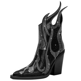 Schwarze Stiefel Damen Stiefeletten Mit Strasssteine Elegante Blockabsatz Mode Lederimitat 10 cm High Heel Ballschuhe