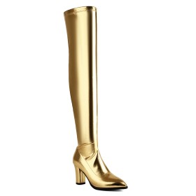 A Talon Haut 8 cm Fermeture Éclair Talon Epais Cuir Talons Carrés Brillante Cuissardes Bottes Haute Boots Femme Vernis