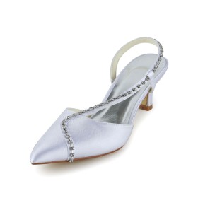Spitz Slingpumps Elegante Weiß Mit Strasssteine 4 cm Low Heel Satin Stiletto Sandaletten Hochzeitsschuhe Kitten Heel