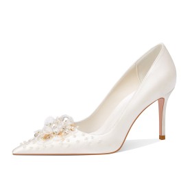 Stilettos Elegant White Rhinestones Vintage Bridal Shoes Evening Party Shoes Womens Shoes 3 inch High Heeled Flower Pumps