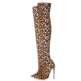 Stretch Over The Knee Boots Pointed Toe Sock Brown Stilettos 12 cm High Heel Classic Leopard