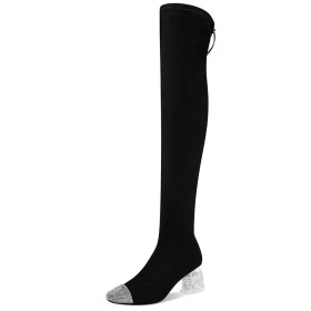 Moderne Noir Daim Talons Carrés Cuir Talon Epais Strass Textile Fourrées Bottes Haute Cuissardes A Talon Bas Chaussettes