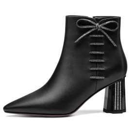 Fur Lined Black Classic Ankle Boots Rhinestones Grained With Bowknot Chunky Hee Leather Pointed Toe Mid Heels Block Heel Business Casual