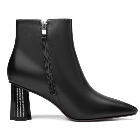 Bottine Noeud Casual Cuir Noir Talons Carrés A Talon 7 cm Talons Epais Boots Femme Fourrées Cuir Grainé