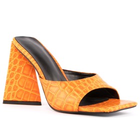 Sexy Mode Muiltjes Oranje Sandalen Dames Slangenprint 10 cm Hoge Hakken Blok Hak Peep Toe Vierkante Neus Instapper Imitatieleer Going Out