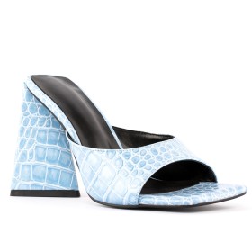 Stylish Faux Leather Open Toe Thick Heel Snake Print High Heel Mules Light Blue Block Heels Square Toe Sandals