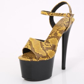 Classic Stilettos Yellow Platform Sandals Faux Leather Extreme High Heel Sexy Round Toe Leopard Print Pole Dance Shoes Open Toe