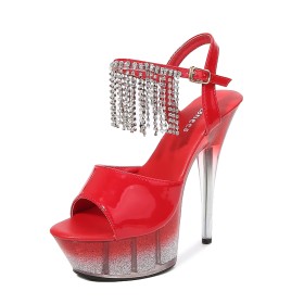 15 cm High Heels Ankle Strap Sandals For Women Stilettos Ombre Fringe Rhinestones Formal Dress Shoes Peep Toe Patent