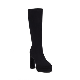 Knee High Boot For Women Suede Vintage Black Casual Fur Lined Platform High Heel Block Heels Classic Chunky Heel