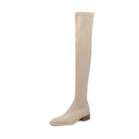 Fall Classic Stretchy Vintage Suede Fur Lined Faux Leather Tall Boot Thigh High Boots For Women Comfortable Block Heels Chunky Heel Casual Low Heels Beige