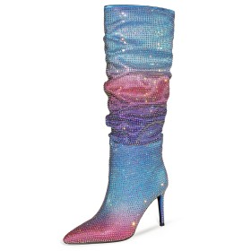 Elegant Sparkly Faux Leather Stiletto Slouch Glitter Mid Calf Boot For Women 3 inch High Heel Multicolor Pointed Toe Ombre