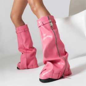 Faux Leather Round Toe Wedges Fold Over 9 cm High Heel Knee High Boots For Women Modern Fall Tall Boots