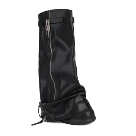 Faux Leather Wedges Fold Over Knee High Boots For Women Closed Toe 9 cm High Heels Round Toe Tall Boot