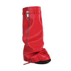 Tall Boot Faux Leather 9 cm High Heeled Wedge Knee High Boot For Women Fold Over Red