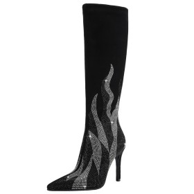 Habillé Talons Aiguilles Chaussette Femme Bottes Haute Brillante Talon 10 cm Strass Knee Boots Fermeture Éclair