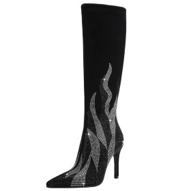 Soklaarzen Formele Naaldhak Mooie Textiel Laarsjes dames Knie Laarzen Sparkle Suede Imitatieleer Elastische Zwarte Hoge Hakken