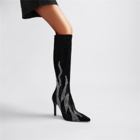 Knee High Boots 10 cm High Heel Tall Boots Dress Shoes Black Suede Sock Stilettos Rhinestones Sparkly Beautiful