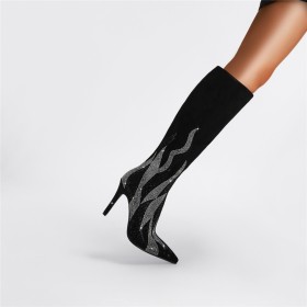 Knee High Boots 10 cm High Heel Tall Boots Dress Shoes Black Suede Sock Stilettos Rhinestones Sparkly Beautiful