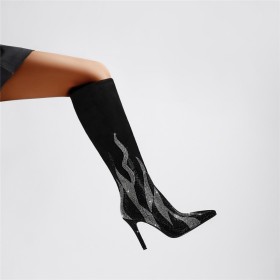 Knee High Boots 10 cm High Heel Tall Boots Dress Shoes Black Suede Sock Stilettos Rhinestones Sparkly Beautiful