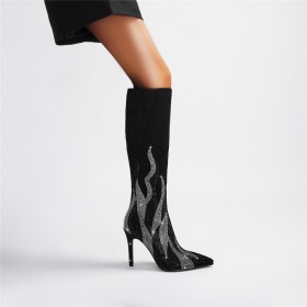 Knee High Boots 10 cm High Heel Tall Boots Dress Shoes Black Suede Sock Stilettos Rhinestones Sparkly Beautiful