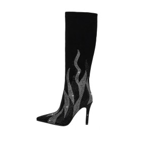 Knee High Boots 10 cm High Heel Tall Boots Dress Shoes Black Suede Sock Stilettos Rhinestones Sparkly Beautiful