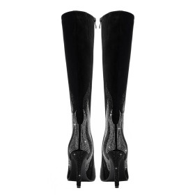 Knee High Boots 10 cm High Heel Tall Boots Dress Shoes Black Suede Sock Stilettos Rhinestones Sparkly Beautiful