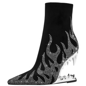 4 inch High Heel Faux Leather With Rhinestones Ankle Boots Sock Sparkly Silver