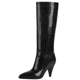 4 inch High Heel Faux Leather Beautiful Black Fashion Snake Print Tall Boots Knee High Boots For Women Embossed Patent Leather