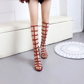 Romeinse Klassiek Blokhak Leer Hoge Laarzen Sandaal Dames Strappy 7 cm Heels Knie Laarzen Mode