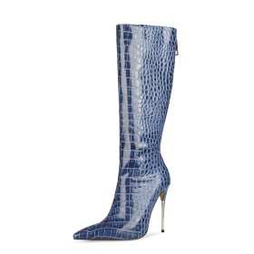 Relief Imprimé Serpent Fermeture Éclair Bleu Nuit Hiver Classique Knee Boots Bottes Hautes Femme Originale À Talon Habillées
