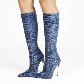 Slate Blue Classic Stiletto Closed Toe 5 inch High Heel Knee High Boots Vintage Tall Boot Embossed