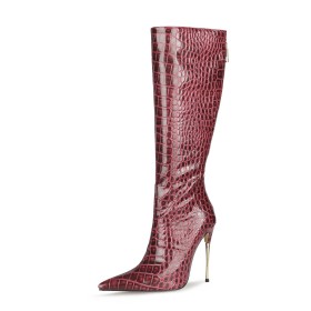 Vintage Stiletto Heels 5 inch High Heeled Embossed Patent PU Snake Print Burgundy Knee High Boots Fur Lined Tall Boots Classic Winter Pointed Toe