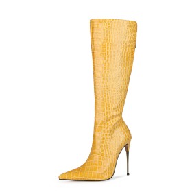Going Out Footwear Casual Yellow Snake Print Stilettos Tall Boots Fur Lined Patent 5 inch High Heel Knee High Boots
