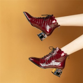 Stylish Patent Comfort 5 cm Low Heel Booties Burgundy Dressy Shoes Leather Chunky Hee Square Toe Block Heels Fur Lined