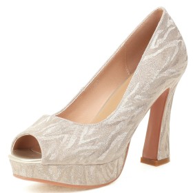 Open Toe Gold Pumps Chunky Heel Sparkly 5 inch High Heeled Formal Dress Shoes Platform Elegant