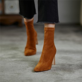 Femme A Talon Haut 8 cm Chaussette Bout Pointu Classique Bottine Femme Originale Simili Cuir Fourrées Talon Epais Suede