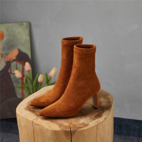 Femme A Talon Haut 8 cm Chaussette Bout Pointu Classique Bottine Femme Originale Simili Cuir Fourrées Talon Epais Suede