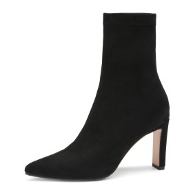 Block Klack 8 cm Höga Klackar Fuskläder Stövletter Svarta Classic Strumpboots Varmfodrade